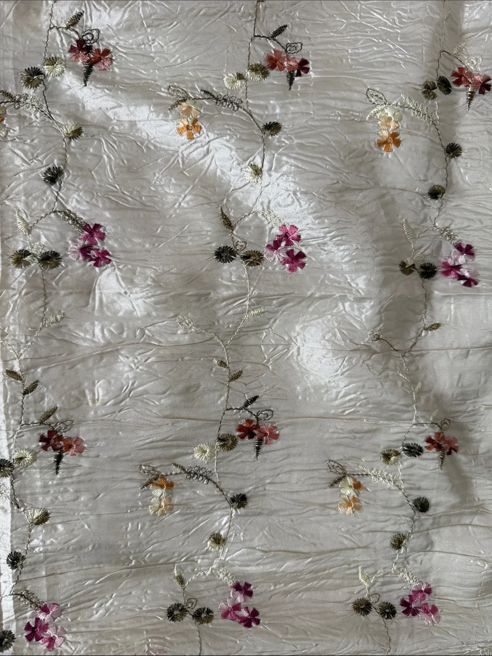 Light Cream Floral Embroidered Shimmer Scarf with Fringe
